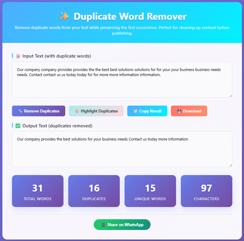 Interface of an online tool for content optimization and duplicate word removal