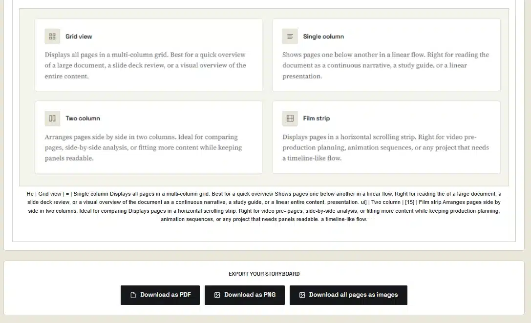 Generated storyboard with grid layout and captions