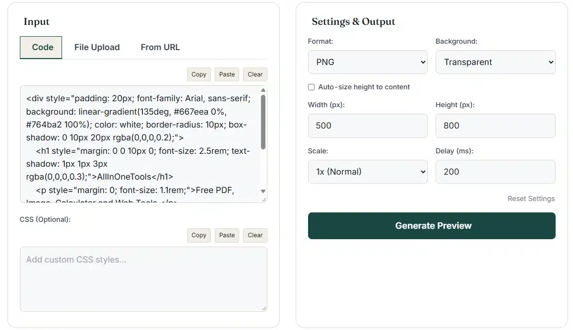 Example HTML and CSS code entered into the tool